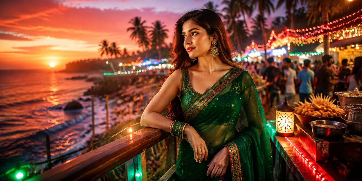 সেন্ট মার্টিন দ্বীপে শাড়ি পরা একজন নারী মোবাইলে app55 ব্যবহার করছেন